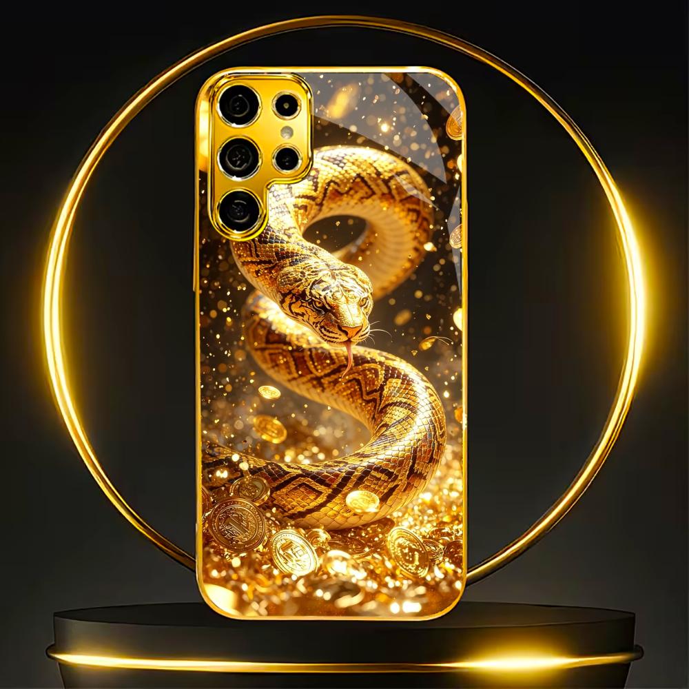 Golden Snake & Fortune Coins phone case glass s26 ultra case mobile phones for Samsung Galaxy S26 S25 S24 S23 S22 FE Ultra Plus