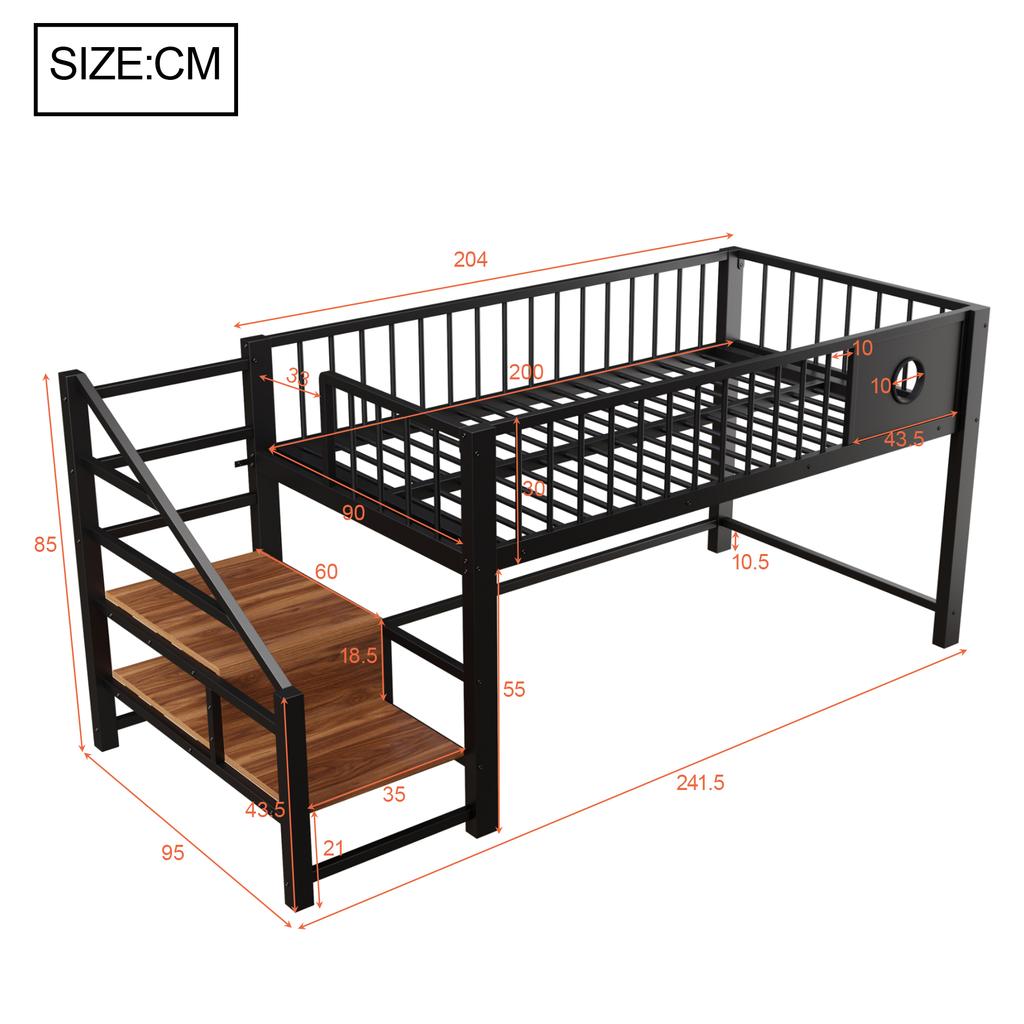 Low loft bed for children (90 x 200 cm), with storage ladder, sturdy metal frame, suitable for children and teenagers, black