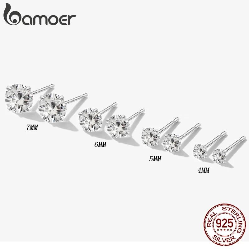 BAMOER CZ Stud Earrings 925 Sterling Silver Platinum Plated Round Cubic Zirconia Hypoallergenic Earrings 4mm 5mm 6mm 7mm