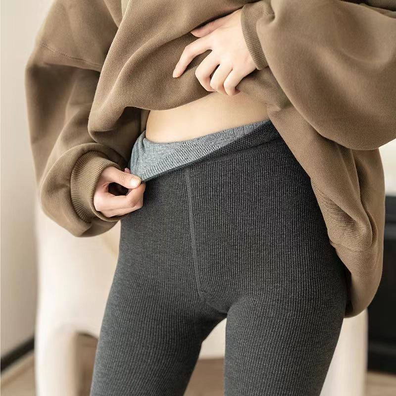 High Waist Cotton Vertical Stripe Fleece Lined Thickened Leggings Women's Autumn Winter Pantyhose One Piece Pants