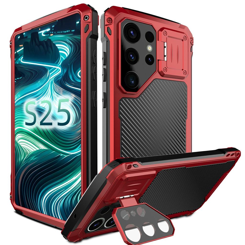 For Samsung Galaxy S25 Ultra Case Aluminum Alloy+Silicone Lens Kickstand Phone Cover with Tempered Glass Film