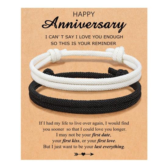 2Pcs Black White Adjustable Couple Rope Bracelet Handwoven Friendship Wristbands Birthday Gift