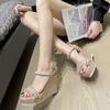 Fashion High Heels Lace Sandals for Women Ladies Shoes Wedges Heel Summer 2024 Platform Pearl Beige One Word Outdoor Wedge Waterproof F