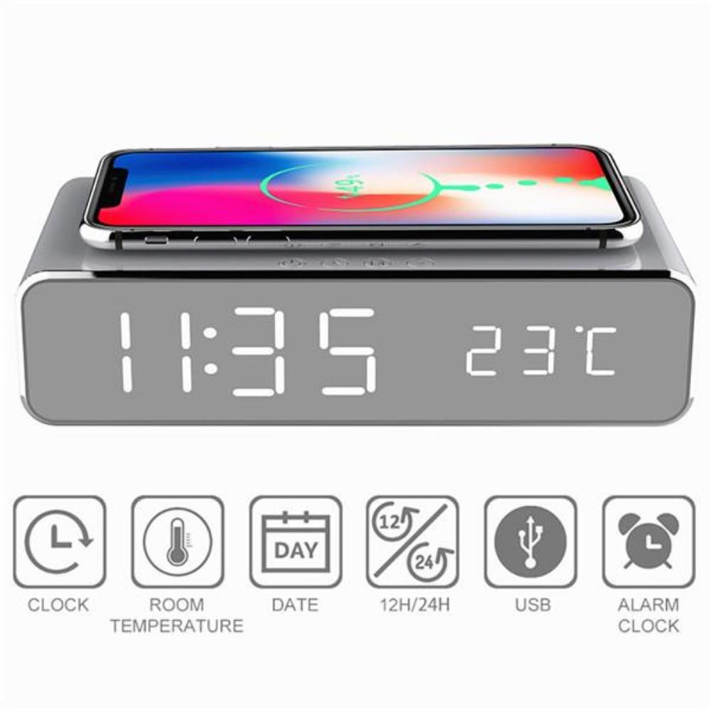 Светодиодный будильник Электрический будильник с беспроводным зарядным устройством для телефона Настольные цифровые часы-термометр HD Зеркальные настольные часы