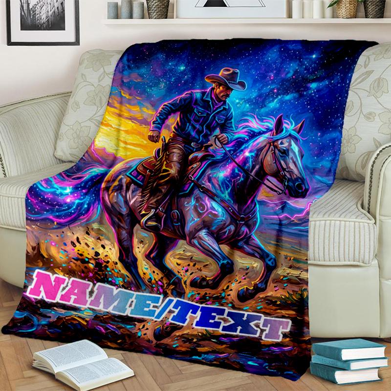 1PC Custom Name Cowboy Horse Sunset flannel blanket versatile,all-season throw suitable for the living room,bedroom,camping,travel,and gift