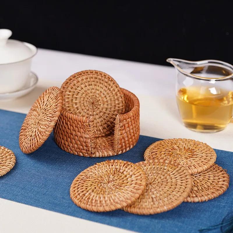 Набор из 6 подставок под напитки для чая кунг-фу, аксессуары, круглая посуда, подставка для посуды, коврик из ротанга, подставка для чашки, диаметр 8 см