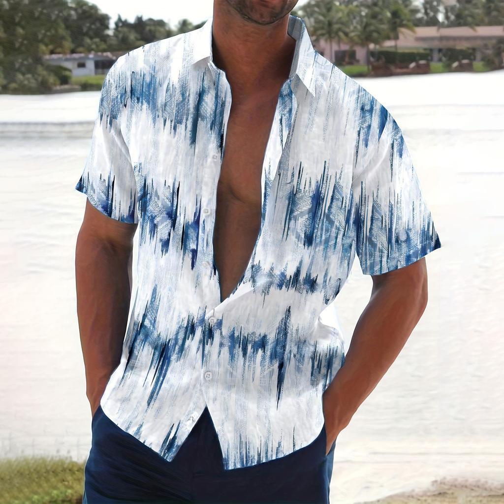 Men's Summer New Loose Print Short Sleeve Shirt Cardigan Beach Shirt