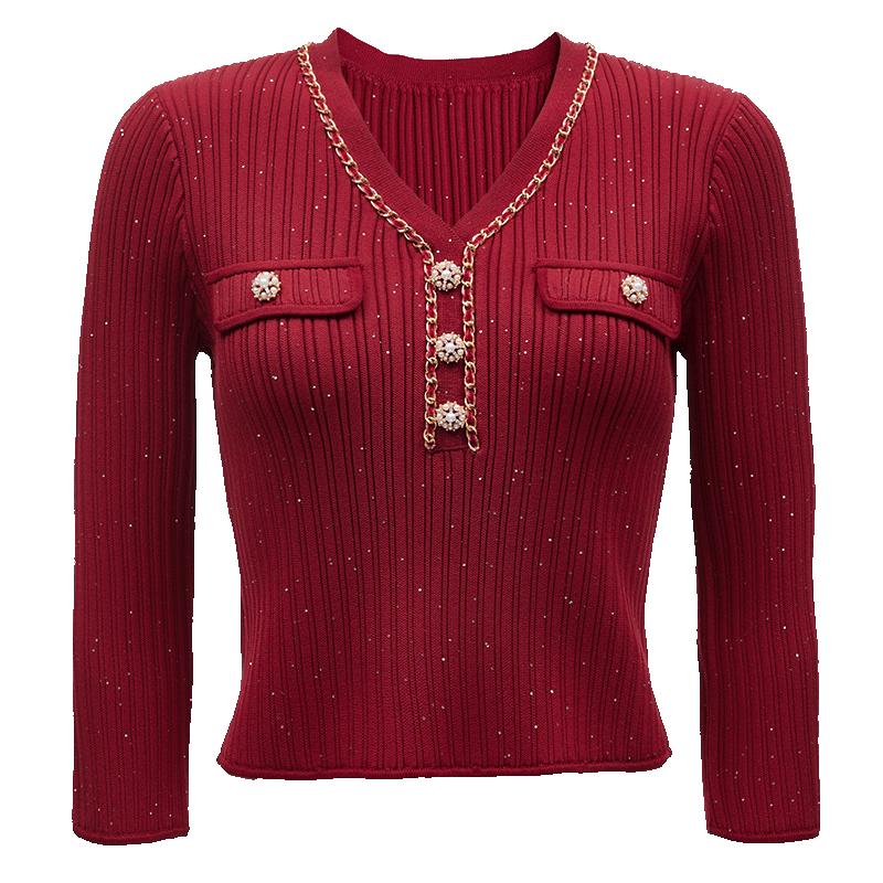 VEROMODA 2025 Spring V-Neck Knit Top with Chain & Sequins