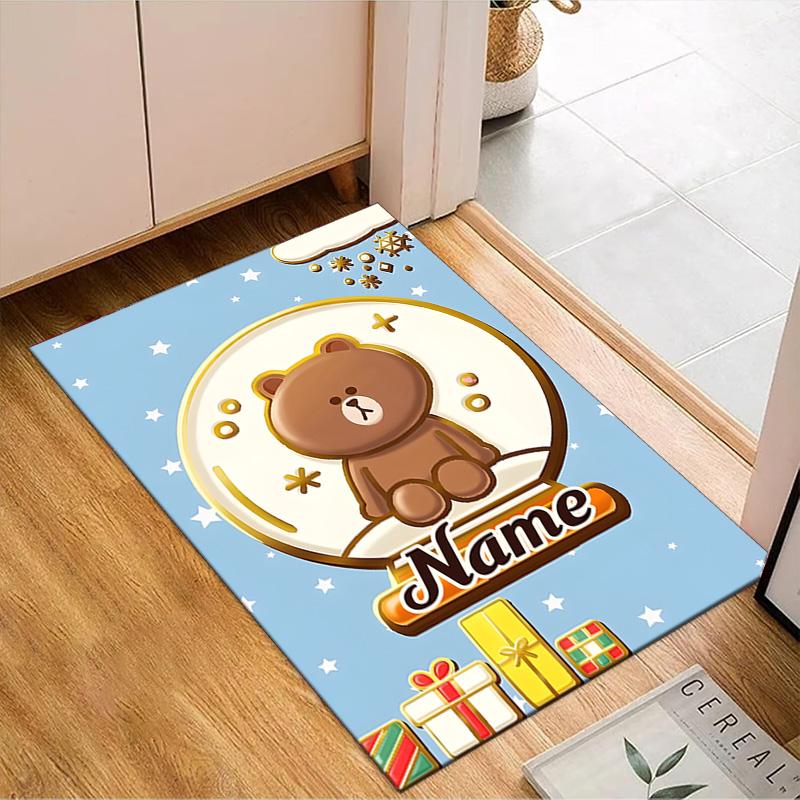 Custom Name Brown Bear Celebration Rug for Living Room, Game Rooms, Office, Bedroom, Floor Mat Playful Design, fan gifts Christmas decor