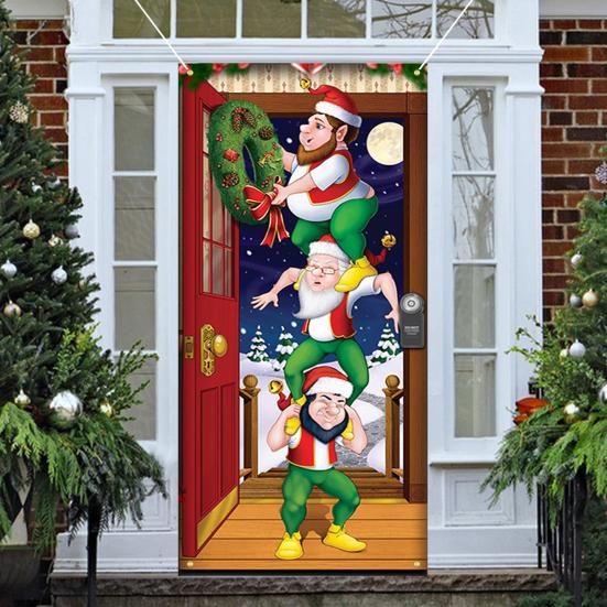 Christmas Door Cover Colorful Print Christmas Door Decoration Backdrop Front Door Decor Holiday Festive Xmas Party Supplies