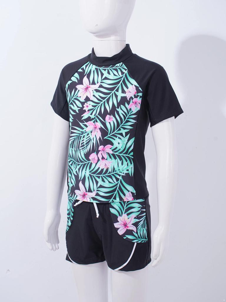 Girls 2 Piece Floral Print Swim Set Round Neck Short Sleeve Top Elastic Waist Boyshorts Beach Bathing Suit Swimsuit