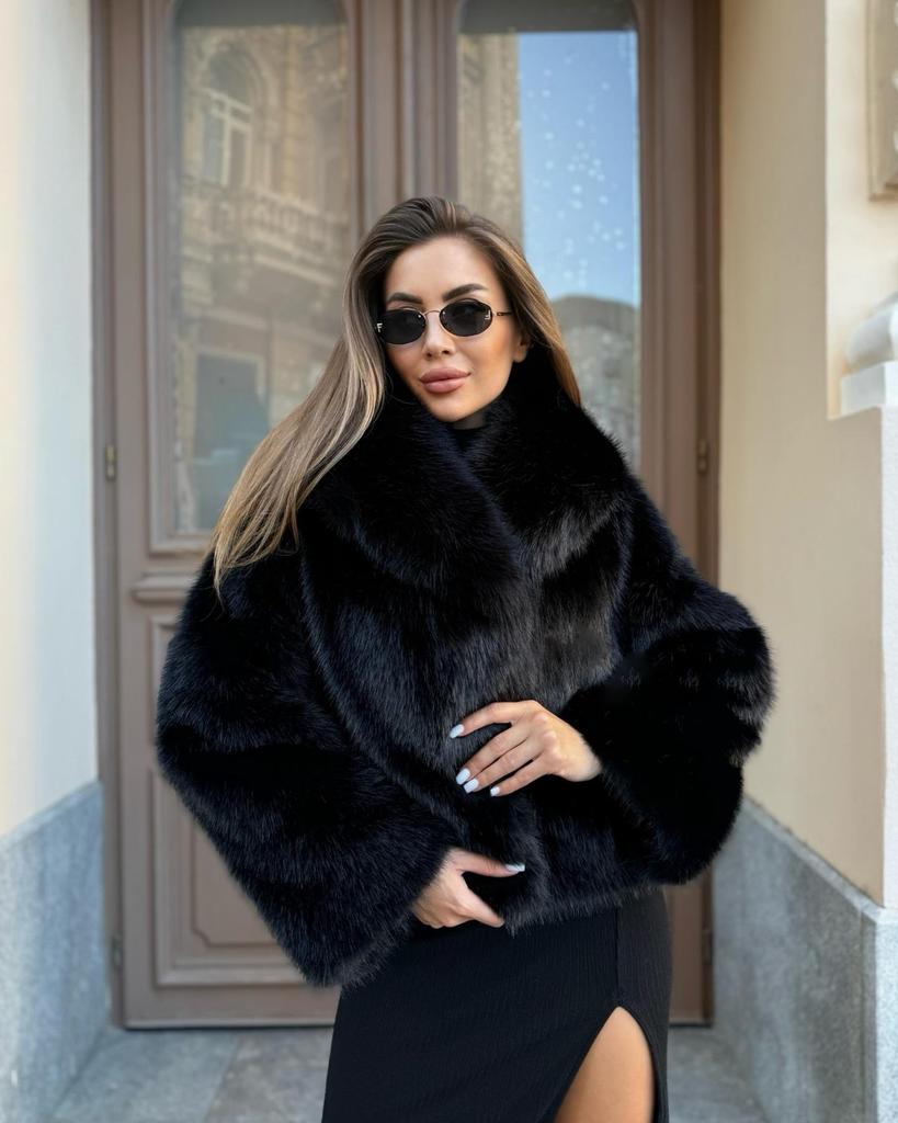 Женское зимнее пальто из искусственного меха лисы с воротником-стойкой