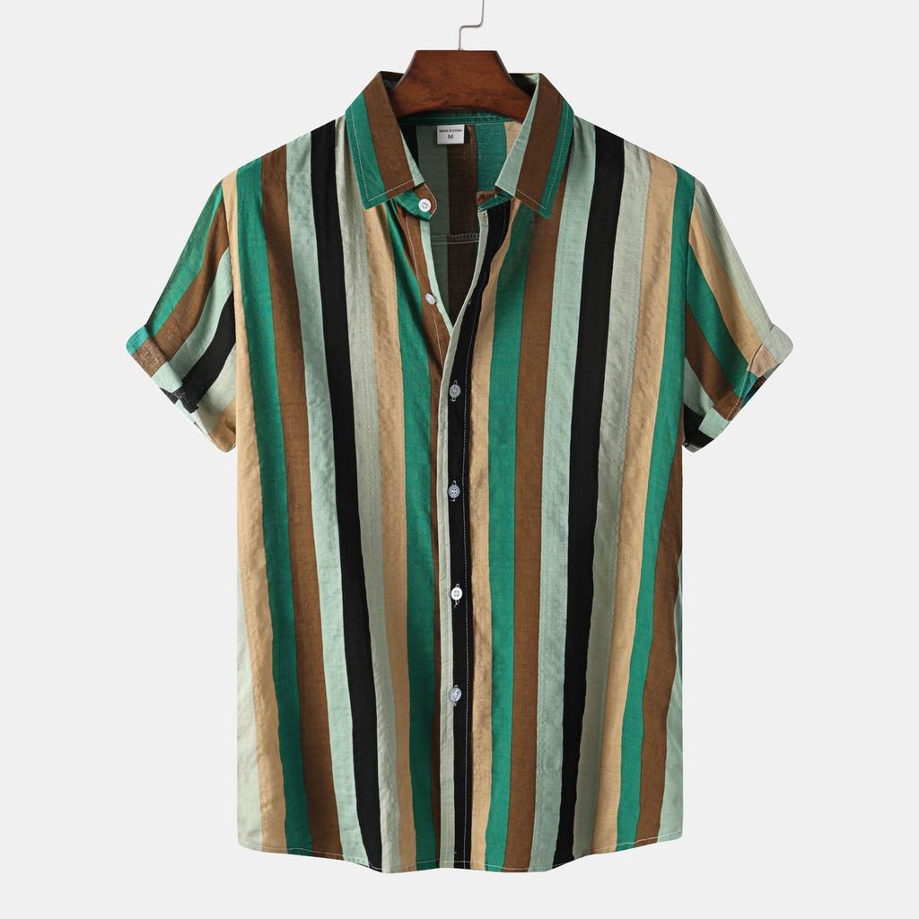 Men's Summer Casual Resort Striped Contrast Color Top Lapel Printed Short Sleeve Shirt