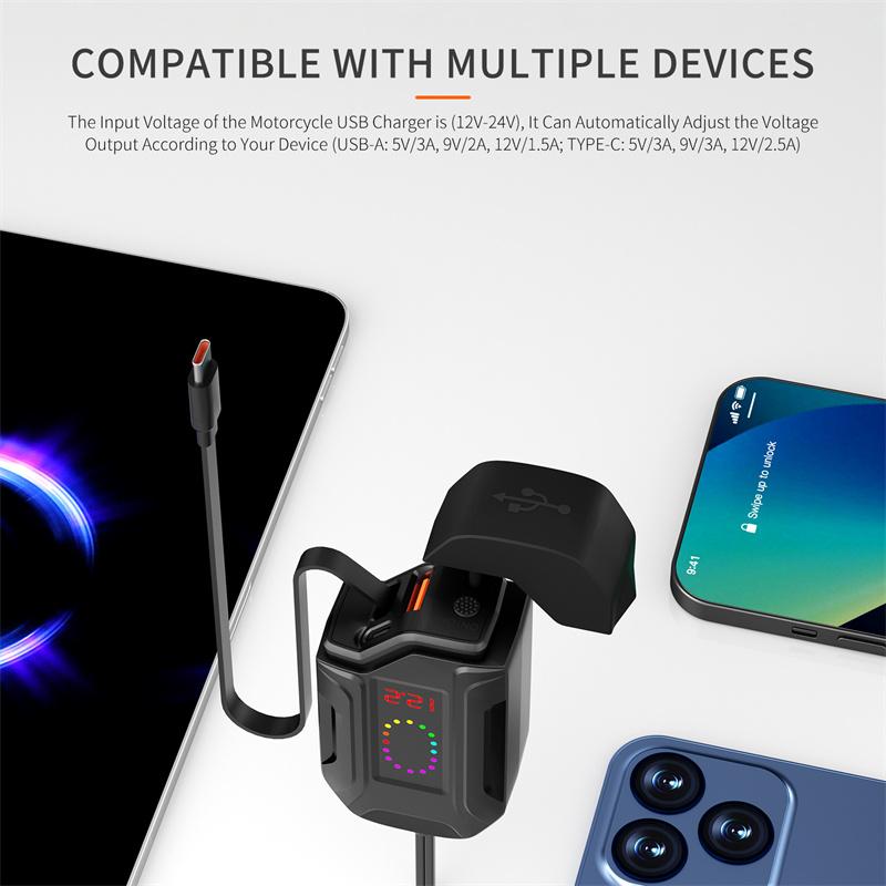Цифровое 78 Вт Pd30 Вт + Qc3.0 USB-зарядное устройство для мотоцикла с выдвижным кабелем Быстрая зарядка телефона с вольтметром и независимым переключателем