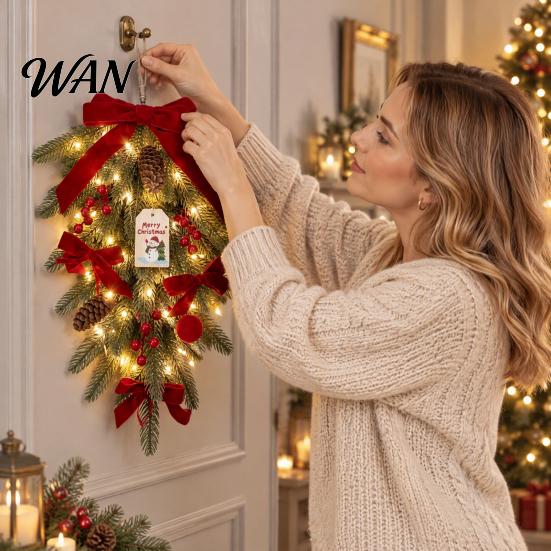 Christmas Teardrop Swag with LED Lights, Artificial PE Pine Hanging Decoration Reusable Gift for Friends Red Bow Pinecones Berries Front Door