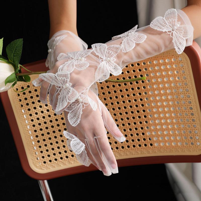Белые сетчатые перчатки с длинным кружевом и бабочками, аксессуары для свадебного платья невесты, элегантные тонкие прозрачные перчатки до локтя для украшения вечеринки
