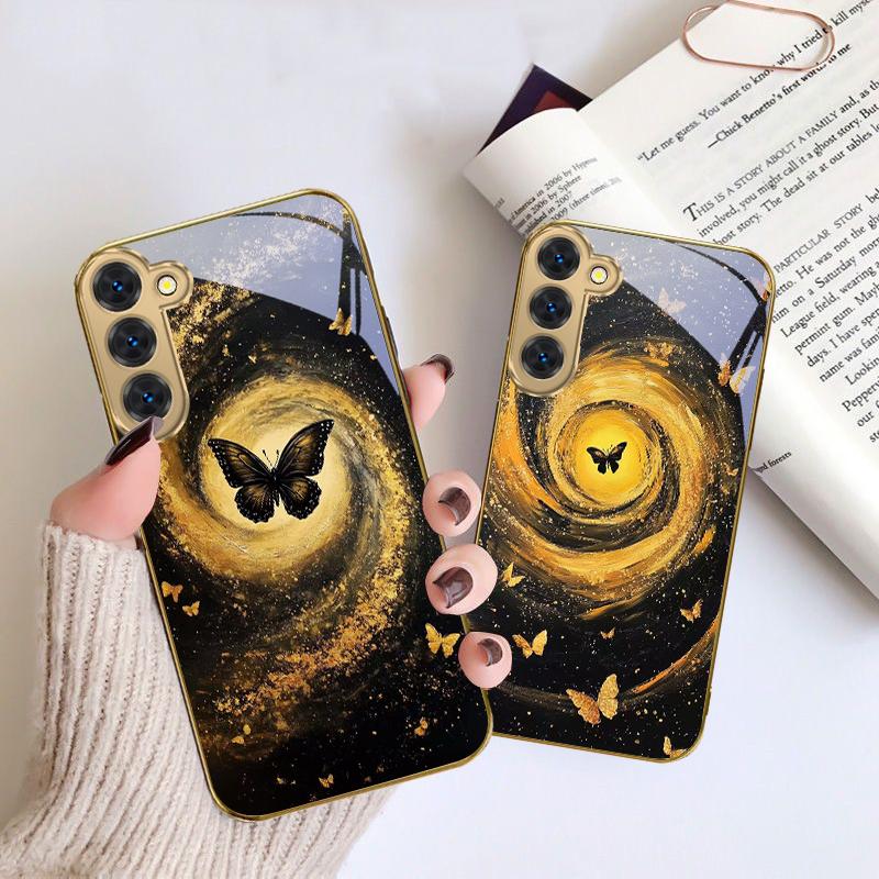 Vortex Black Butterfly For Samsung Galaxy S20 FE S21 S22 S23 Plus S24 Ultra S25Ultra S21+ S9+ S22Plus Golden glass phone case