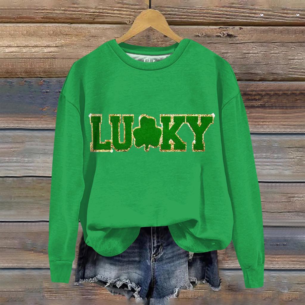 Women's Loose Casual St. Patrick's Day Printed Round Neck Long Sleeved Sweatshirt, Fashionable Long Sleeved Top