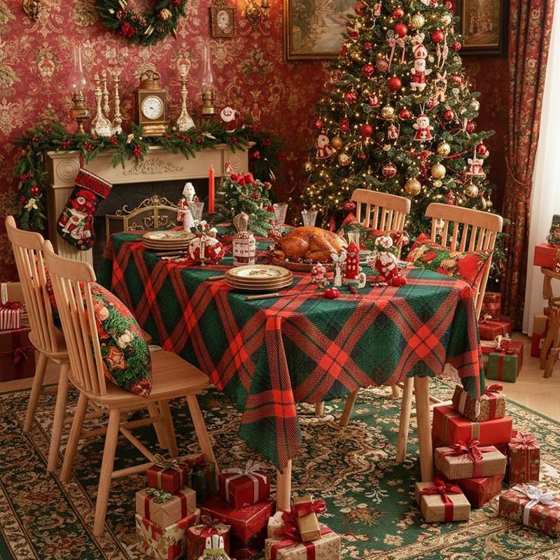 Christmas Tablecloth Plaid Design American Style Dining Table Cover Festive Holiday Decor Kitchen Room