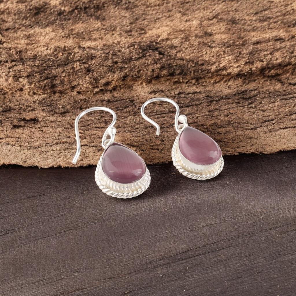 Purple Cat's Eye Gemstone 925 Fine Silver Jewelry Handmade Dangle Earrings 1.40" EE-9-40