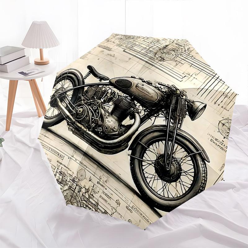 Motorcycle Blueprint Themed Automatic Opening and Closing Umbrella, Brightly Colored 8-rib Portable Umbrella, Suitable for Men and Women, A