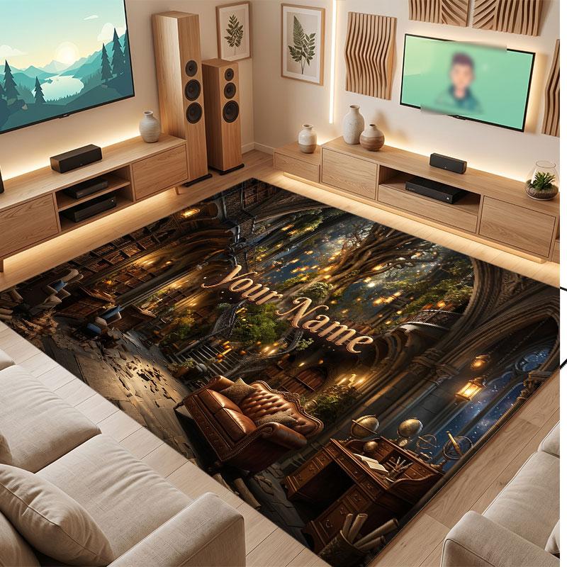 Nature Library Travel Theme Crystal Velvet Floor Rug Personalized Custom Name Text Warm Carpet Home Decoration