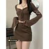 Autumn Style: Brown Long-Sleeve Top & Hip Short Skirt Two-Piece Set for Women