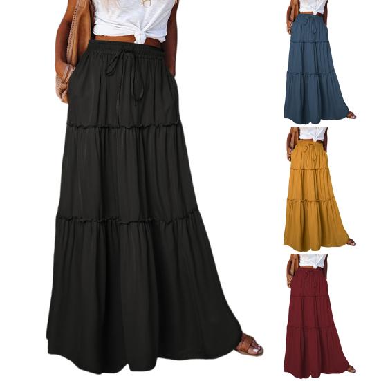 Женская макси-юбка с высокой талией и эластичным поясом, однотонная однотонная юбка трапециевидной формы с рюшами, длинная юбка для праздника и вечеринки, уличная одежда
