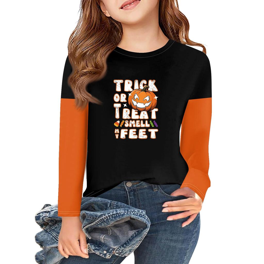 Футболки с длинным рукавом для девочек на Хэллоуин, детские осенние топы с круглым вырезом, базовые футболки 2-11 лет
