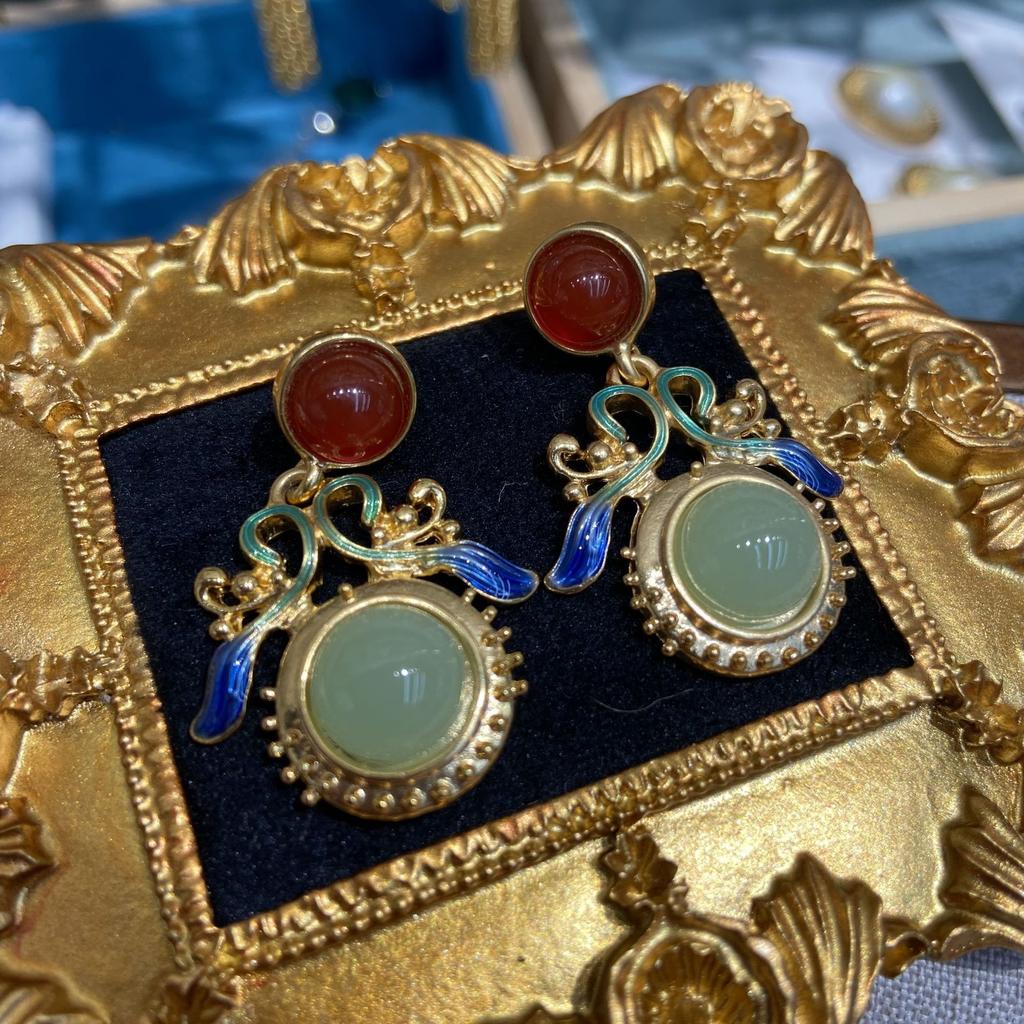 Новые китайские ретро-серьги-ленты из халцедона в стиле суда с эмалью, покрытые агатом, серьги из настоящего золота премиум-класса с легким покрытием