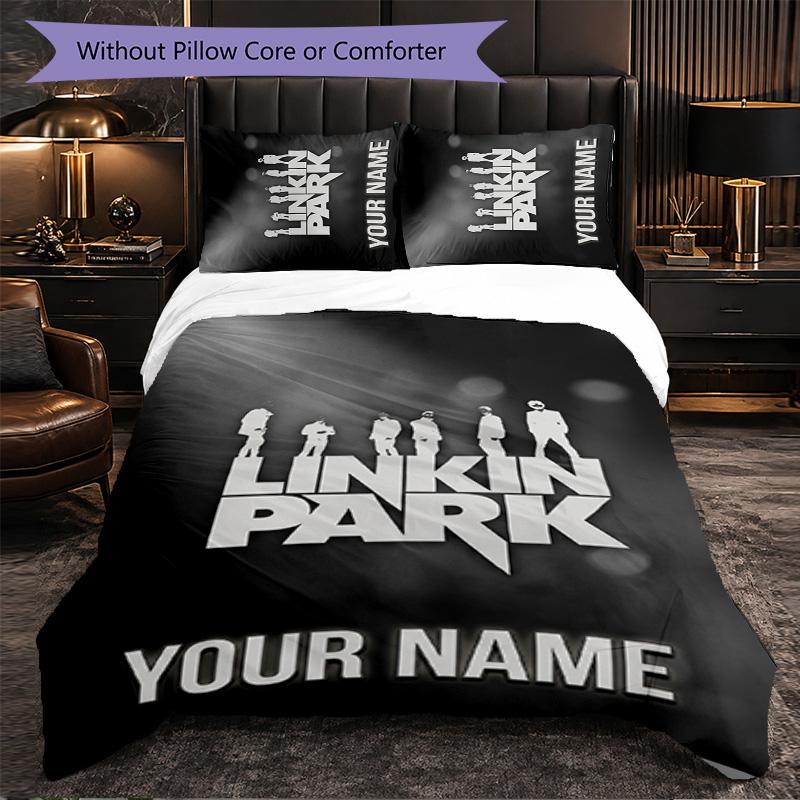 Linkin Park Customized Name Text Bedding Set, 1 Duvet Cover & 2 Pillowcases Personalized Bedroom Gift