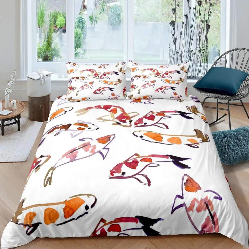Goldfish Bedding Set Fantasy Yin Yang Fish Duvet Covet Cherry Blossom Flowers Theme Blue Sea Wave Breathable Bedding Set