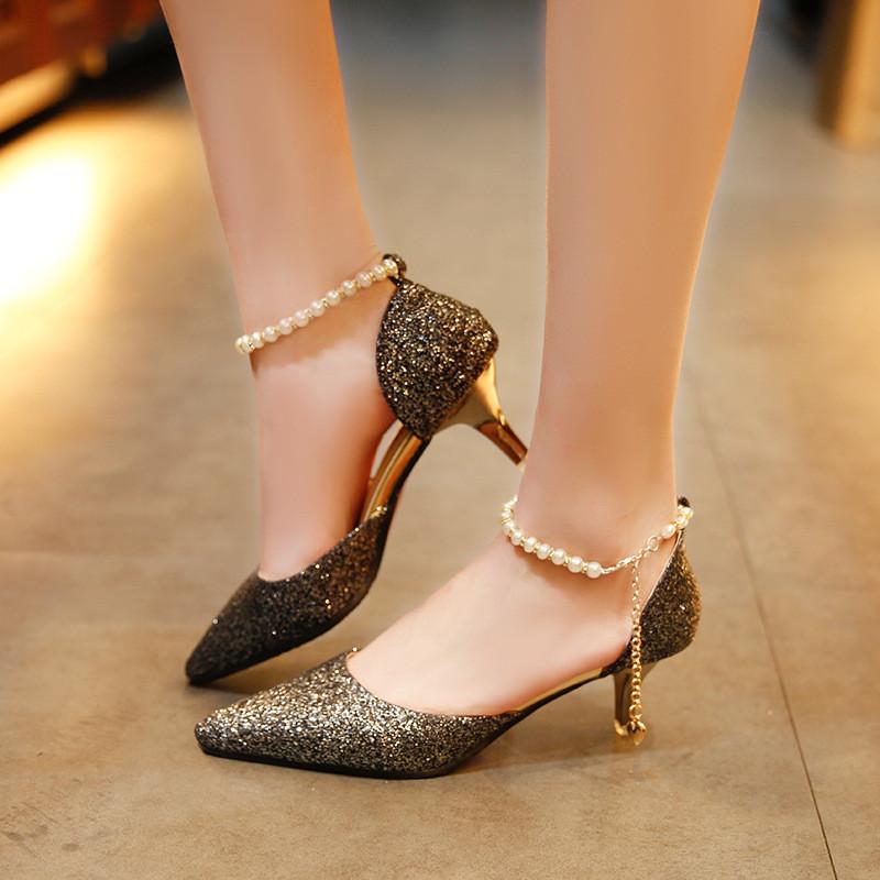 Sexy Pointed Toe Pearl High Heels Shoes Female Fashion Hollow with Sandals Paillette of the Thin Breathable Shoes Women Pumps