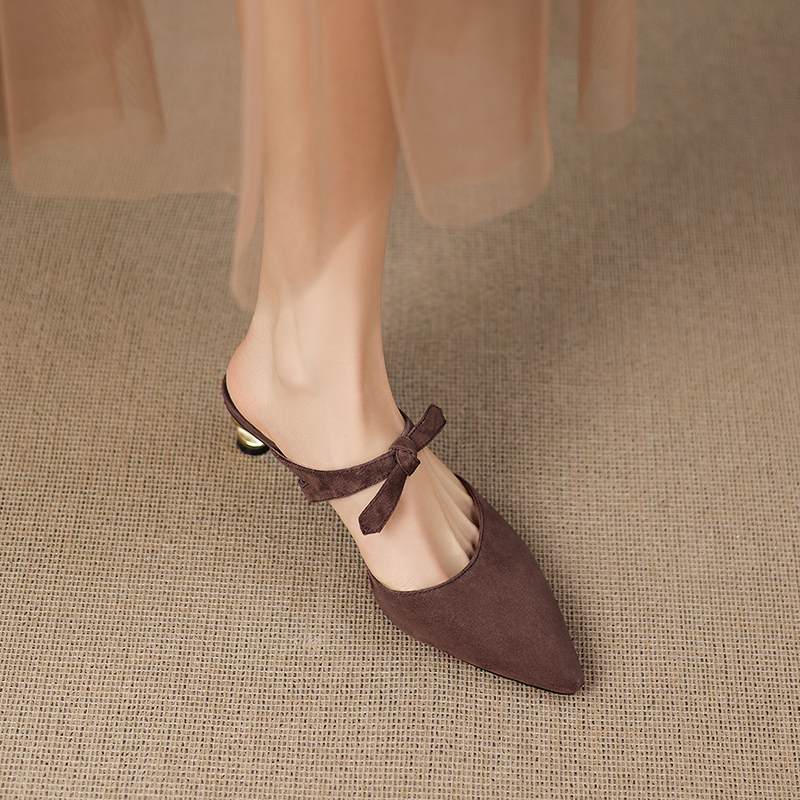Krazing Pot Suede Butterfly-knot Mules Strange Style Med Heels Summer Size 42 Pointed Toe Slip on Women Shallow Pumps