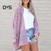 Women Knitted Coat Hollow Out Loose Long Sleeve Pure Color Knitwear Cardigan Mid Length Loose Elastic Spring Autumn Jacket