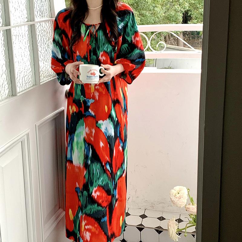 1011 new cotton and silk nightdress women's high-end printing short-sleeved long dress large size thin can be worn outside loungewear