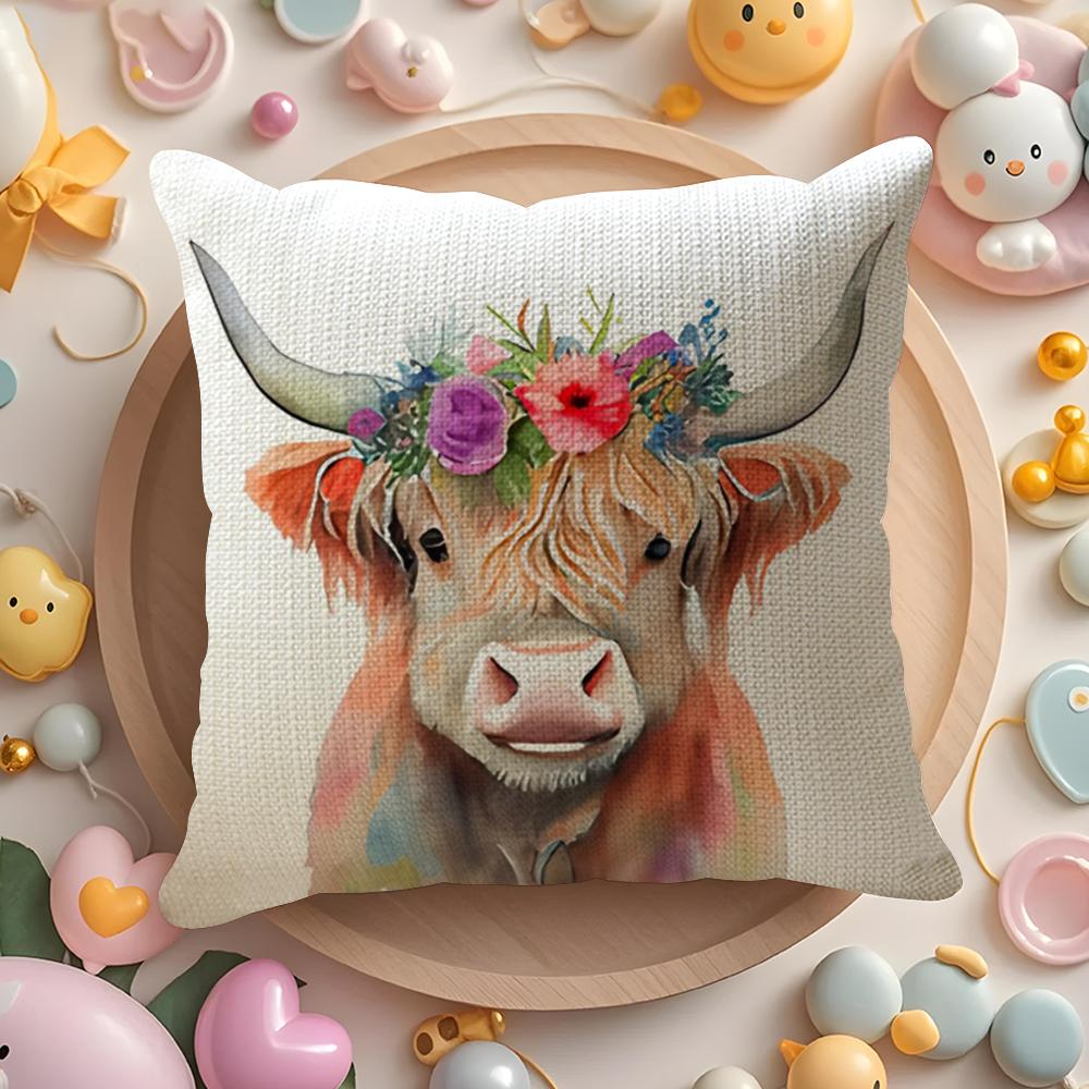 Highland cow and flower Cushion Cover Natural Linen Organic Fabric DoubleSided Printing Sofa Home Decor Gift Pillow Cover