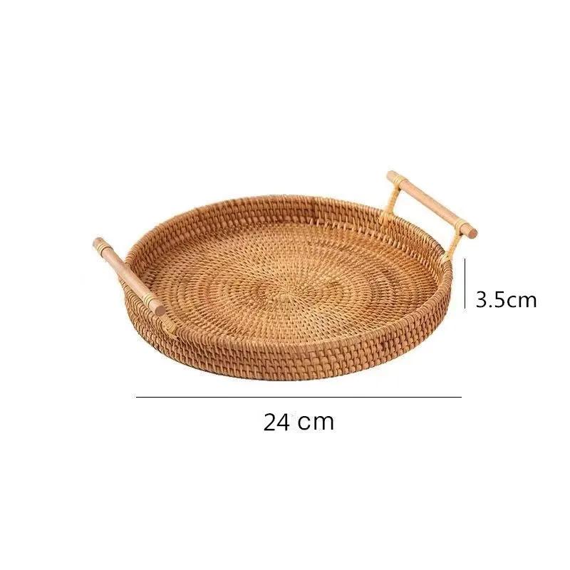 Handwoven Rattan Storage Tray with Wooden Handle Picnic Basket Bread Food Plate Snack Fruit Cake Platter Dinner Serving Tray New