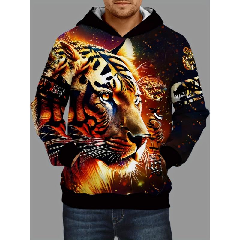 Lion 3d Print Hoodies For Men, Graphic Hoodie With Kangaroo Pocket, Comfy Loose Trendy Hooded Pullover, Mens Clothing for Winter