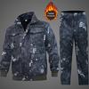 2Pcs/Set Lapel Long Sleeve Zipper Buttons Placket Fleece Lining Cargo Coat Pants Men Multi Pockets Snakeskin Print Work Training Outfit