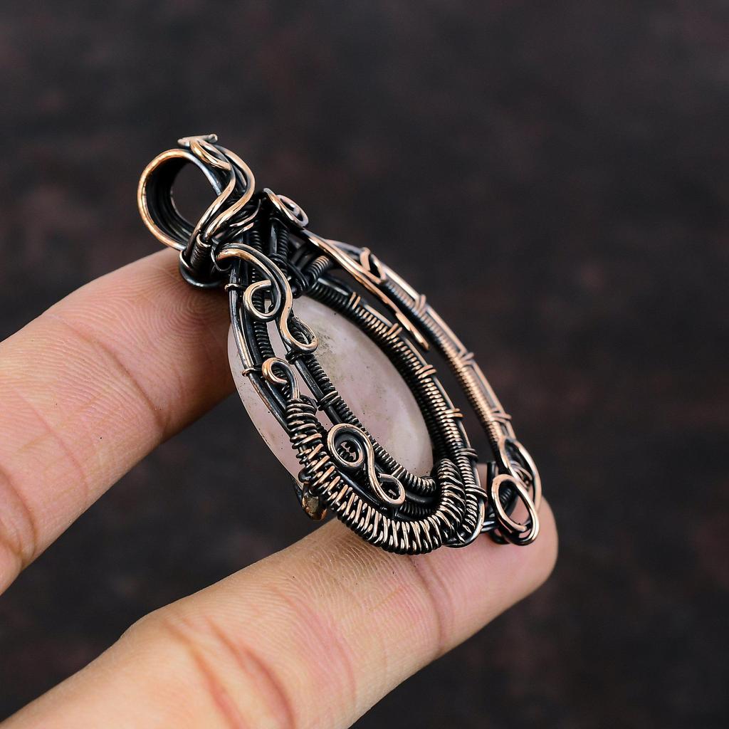 Кулон из розового кварца, медная проволока, кулон с драгоценным камнем, элегантный кулон, ювелирные изделия из розового кварца, медные украшения ручной работы для подарка, достойный кулон