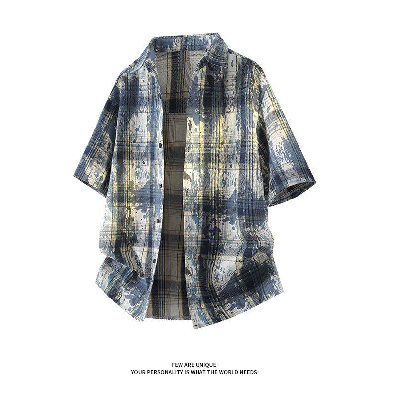 Мужская летняя рубашка с коротким рукавом в стиле тай-дай и color block - Свободный повседневный топ в гонконгском стиле
