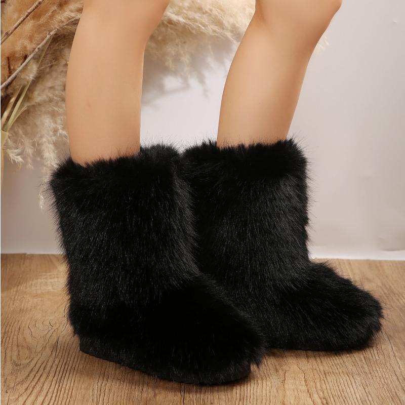 2024 женские зимние сапоги для отдыха на природе из искусственного меха лисы, плюшевые теплые хлопковые туфли на плоской подошве, модные теплые сапоги для девочек большого размера с мехом
