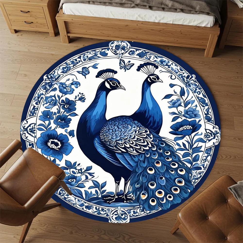 1pc Peacock Floral Round Chair mat Area Rug - Non-Slip, Floor Mat for Office, Bedroom, and Indoor Decor -1002226