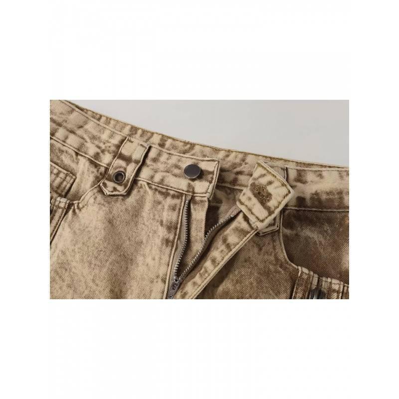 Mens Distressed Wide Leg Denim Pants With Raw Hem Multi-Pocket Design 2025 Streetwear Style