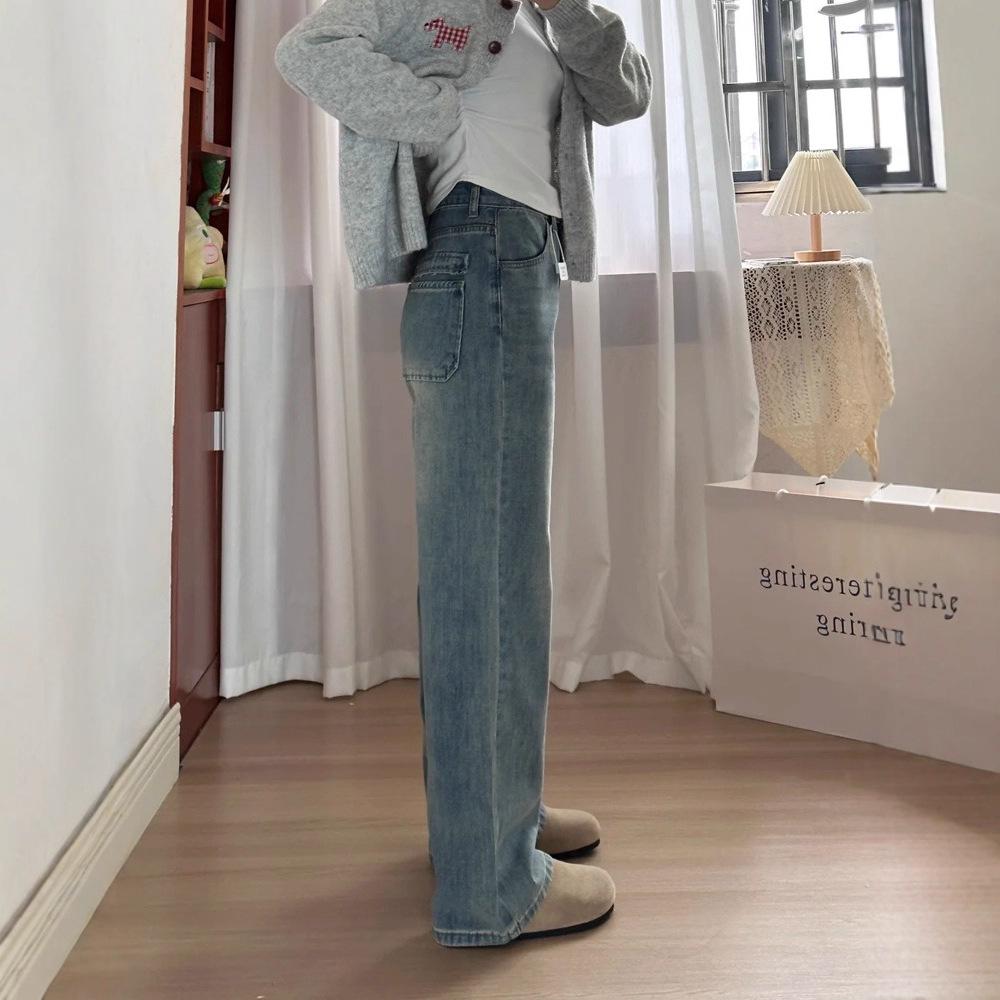 Женские ретро синие джинсы прямого кроя больших размеров на флисовой подкладке для осени/зимы