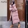 FiveFive Warm Winter Pink Hooded Long Women Parkas Thick Cotton Padded Windproof Parcas Overcoat Casual Loose Snow Wear