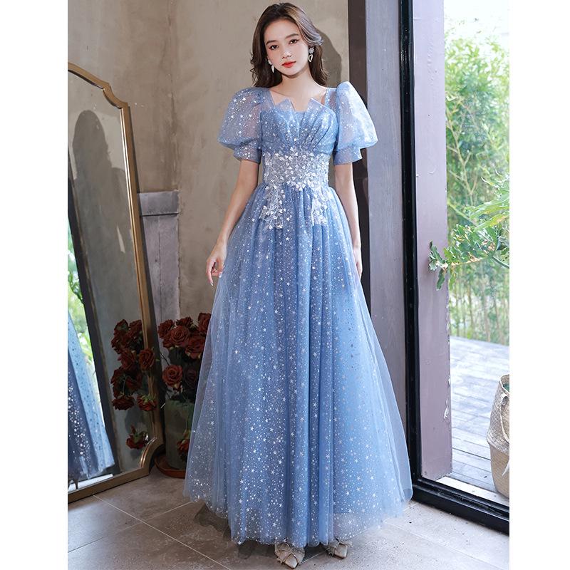 Elegant Blue Long Evening Dress for Women - Luxury Banquet, Vocal Art Exam, Hosting Gown