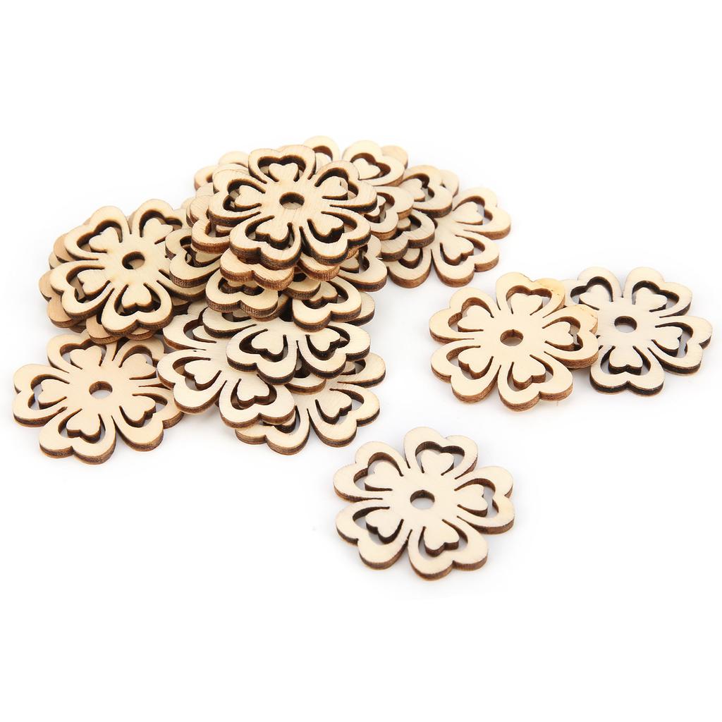 100Pcs Wood Pieces Natural Wood Material DIY Smooth Surface Flower Shape Wood for Decoration