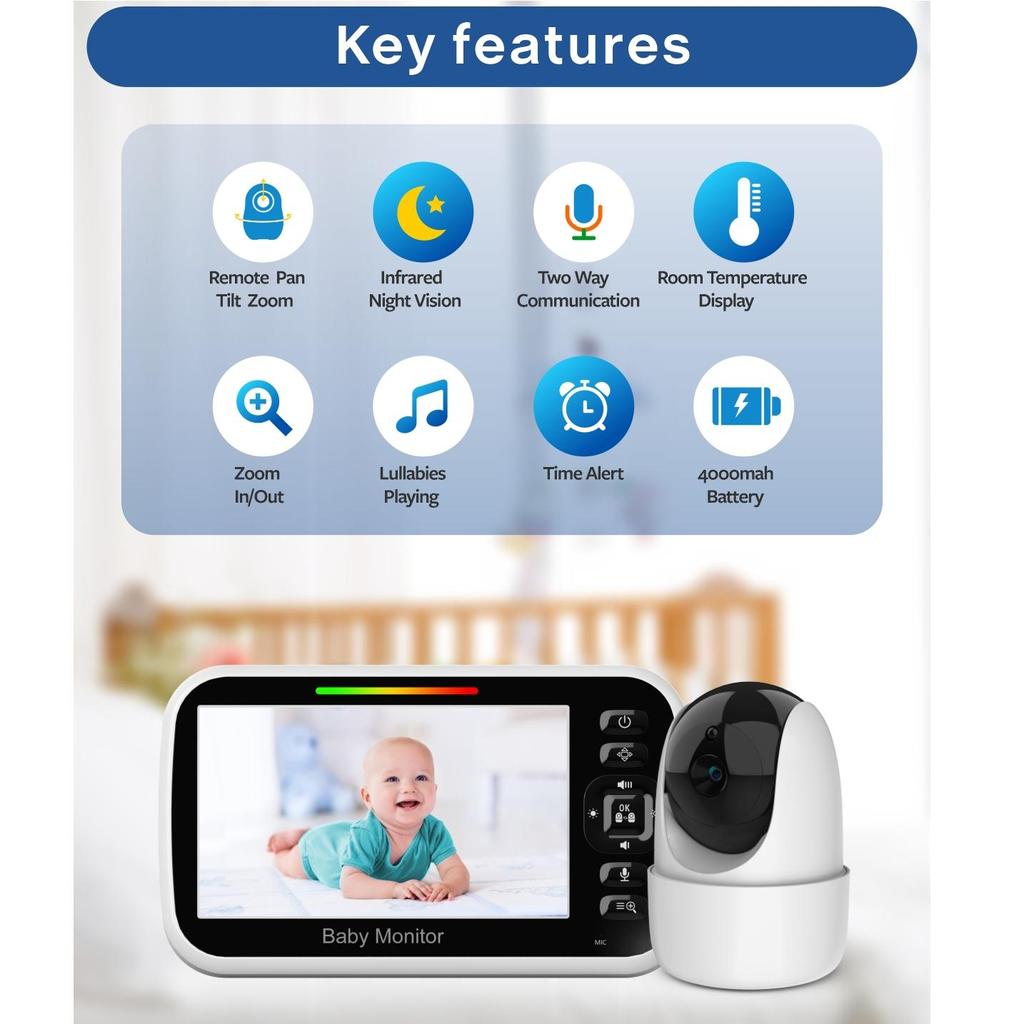 SM651 Радионяня 5 дюймов, ЖК-монитор с функцией панорамирования, наклона и масштабирования, видеоняня с камерой и аудио, режим ночного видения, двусторонний разговор, температура, колыбельныеA